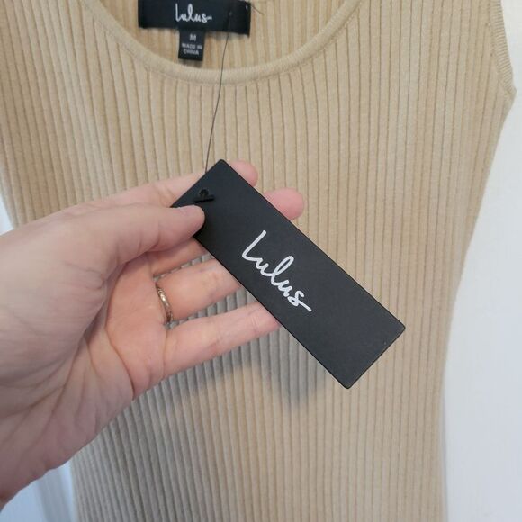 Lulu's Tan Ribbed Knit Midi Dress Size Medium NWT Side Slits - Picture 6 of 8